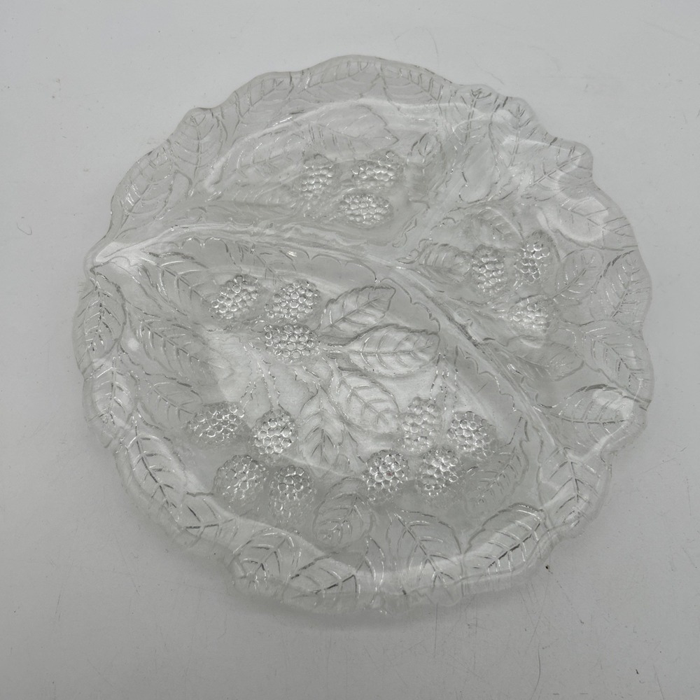 Fenton Blackberry Leaf Plate Luncheon Divided Portion Clear Glass 1960s Vintage
